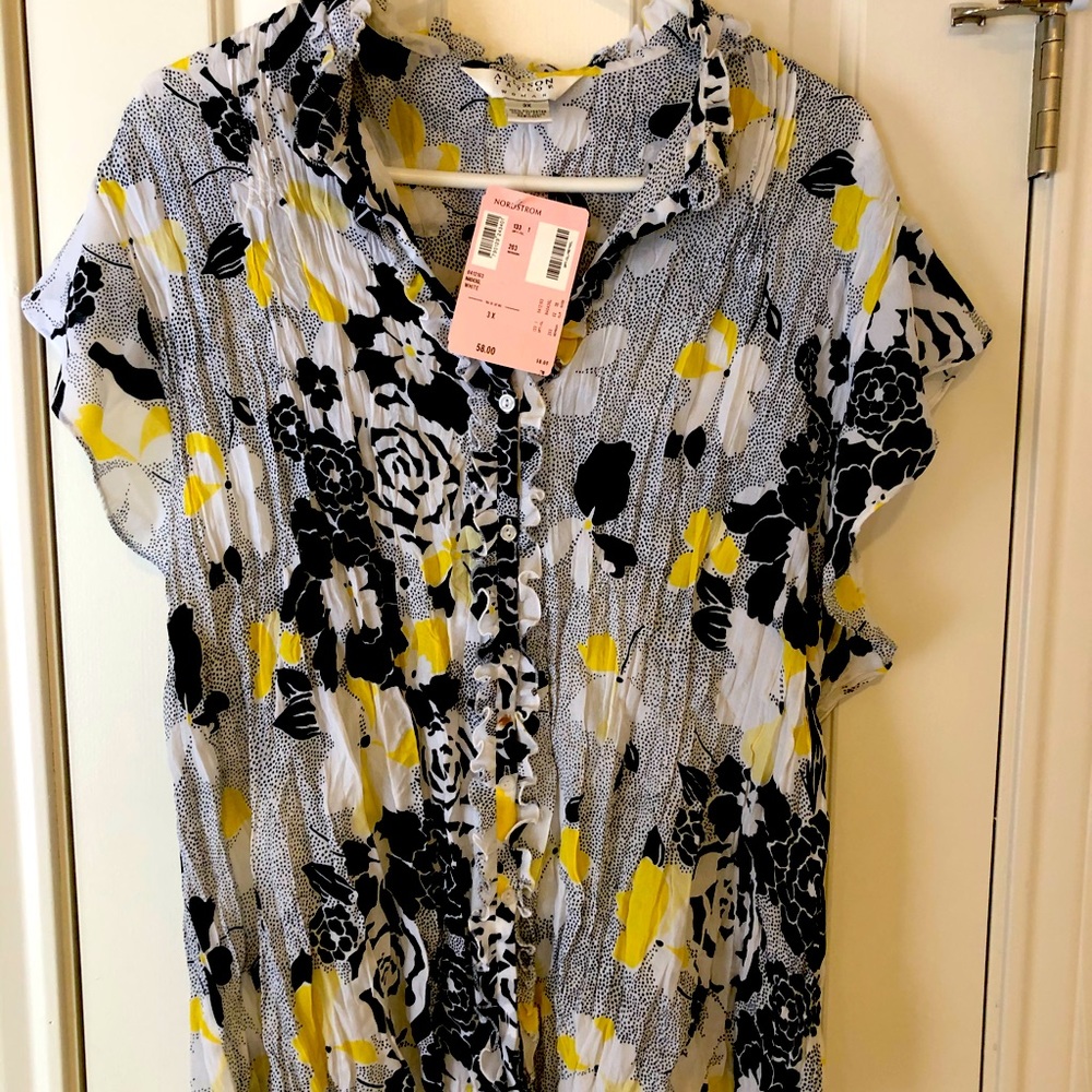 Black/white/yellow print blouse